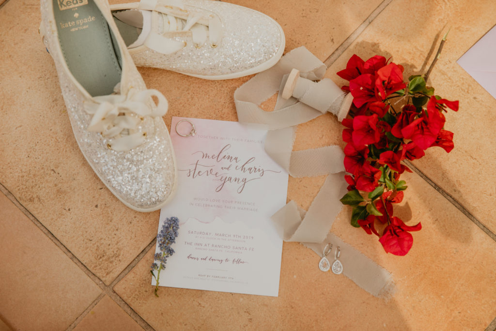 A music festival themed wedding at The Inn at Rancho Santa Fe, bridal tennis shoes