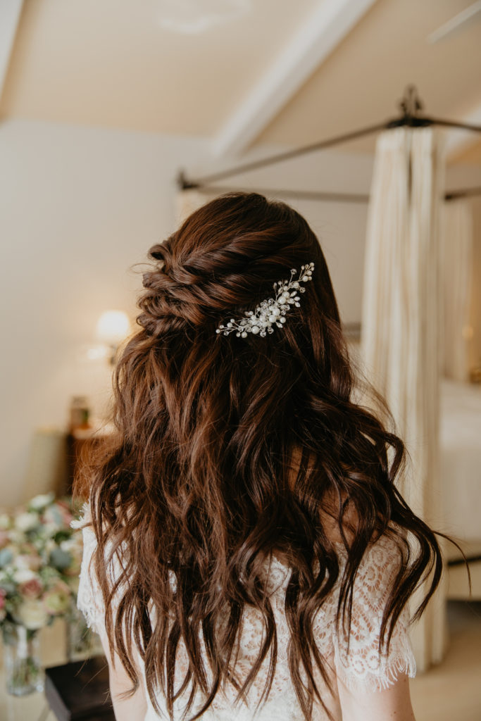 A music festival themed wedding at The Inn at Rancho Santa Fe, bridal hair with crystal headband