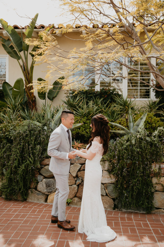 A music festival themed wedding at The Inn at Rancho Santa Fe, bride and groom first look