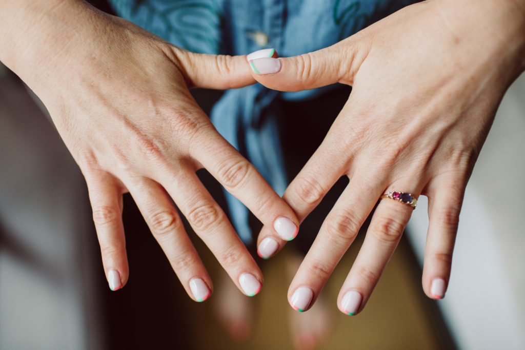 A unique and colorful wedding at the Grass Room in downtown Los Angeles, colorful bridal manicure
