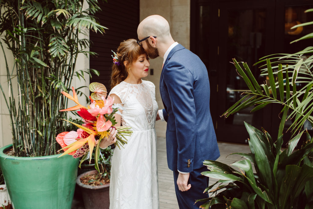 A unique and colorful wedding at the Grass Room in downtown Los Angeles, bride and groom portrait shot in downtown LA