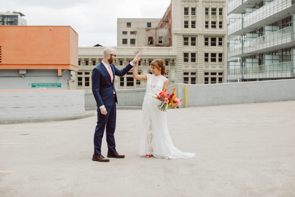 A unique and colorful wedding at the Grass Room in downtown Los Angeles, bride and groom portrait shot in downtown LA