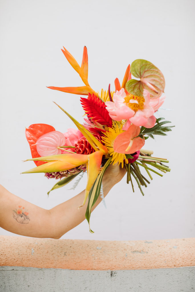 A unique and colorful wedding at the Grass Room in downtown Los Angeles, bright and eclectic bridal bouquet