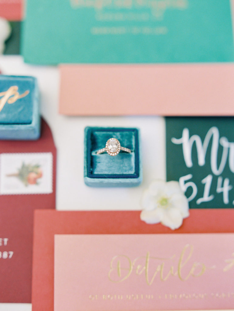 A colorful and vibrant wedding at Triunfo Creek Vineyards, ring detail shot