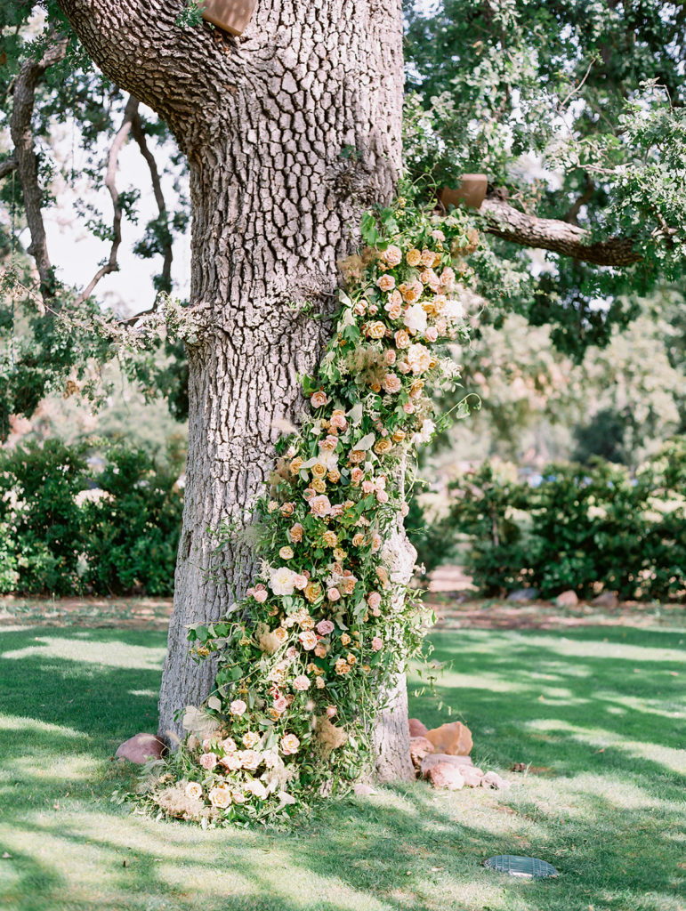 A colorful and vibrant wedding ceremony at Triunfo Creek Vineyards, ceremony floral installation on tree