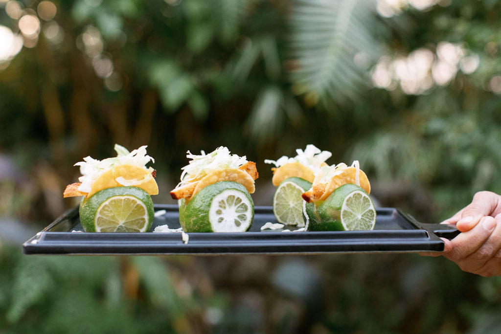 wedding reception appetizers with mini tacos on lime