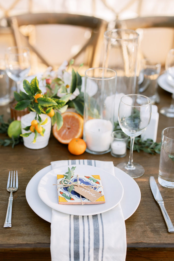 botanical wedding reception at Dos Pueblos Orchid Farm with custom tile coasters for guests