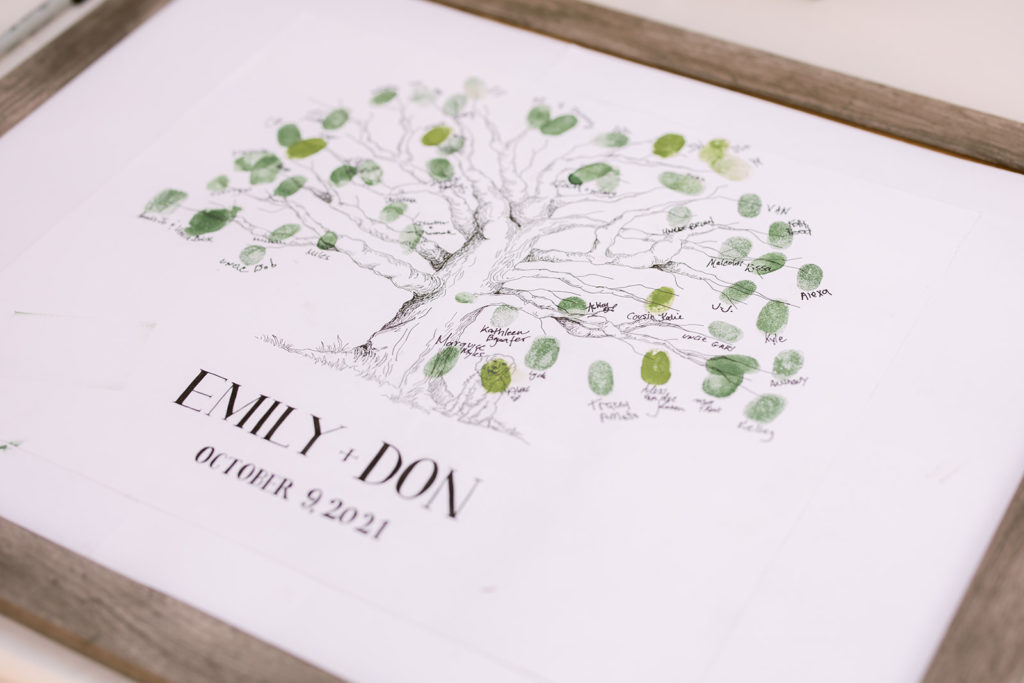 wedding guest book of a family tree with guest finger prints