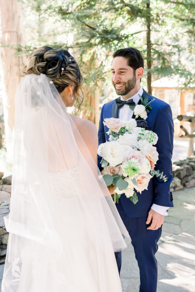bride and groom first look at Calamigos Ranch