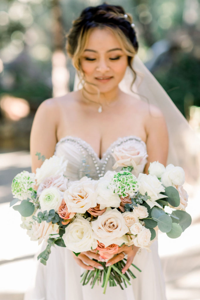 soft bridal bouquet with pink, green and white