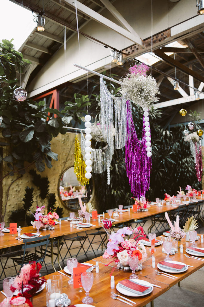 disco inspired wedding reception at Millwick in DTLA with hanging tinsel installations