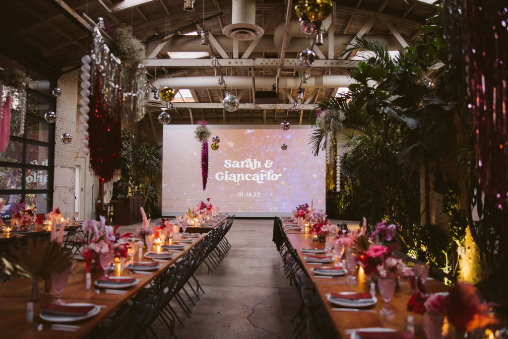 disco inspired wedding reception at Millwick in DTLA with celestial projection 