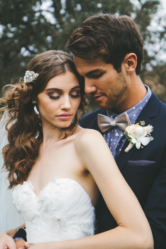 Rustic elegant styled wedding shoot, bride and groom portrait shot, bridal hair with crystal clip