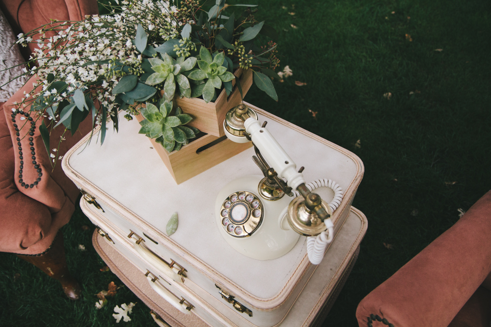 Rustic elegant styled wedding shoot, vintage telephone