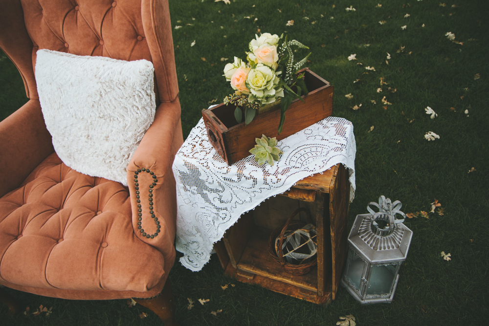 Rustic elegant styled wedding shoot, vintage reception lounge