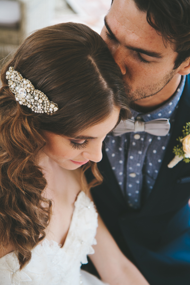Rustic elegant styled wedding shoot, bridal hair with loose curls and crystal hair piece