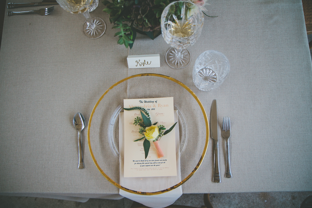 Rustic elegant styled wedding shoot, gold rimmed clear plate