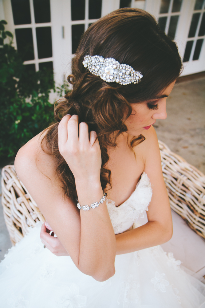 Rustic elegant styled wedding shoot, loose curl bridal hair with crystal hair piece