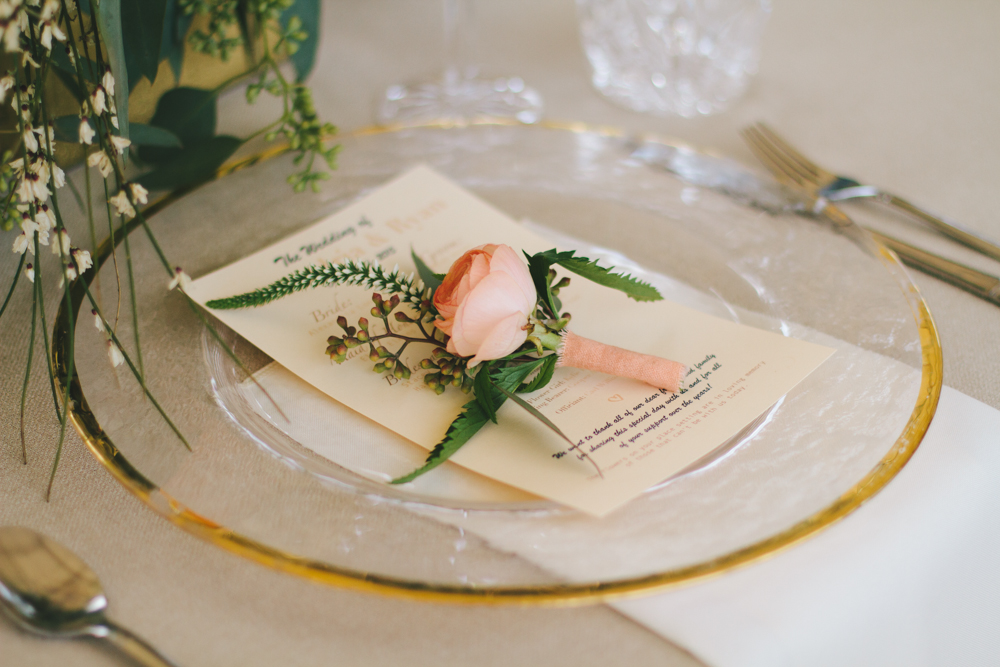 Rustic elegant styled wedding shoot, gold rim clear plate with peach flower