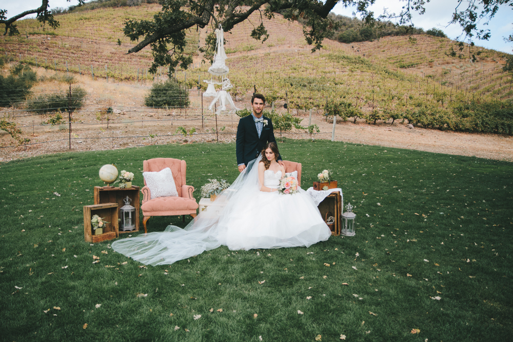 Rustic elegant styled wedding shoot, bride and groom portrait shot, chapel veil