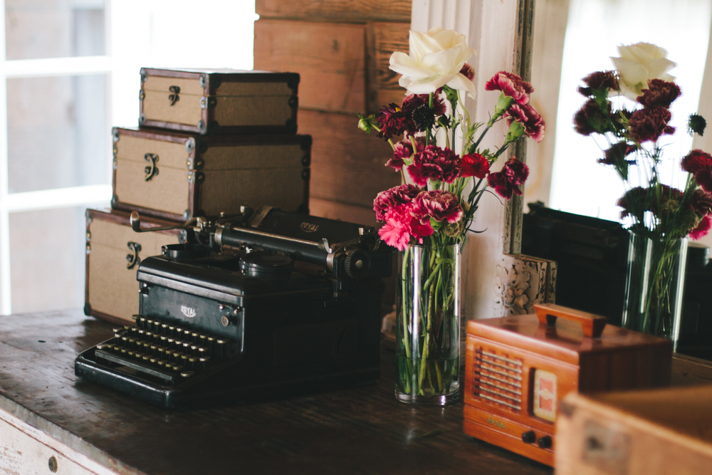 Rustic elegant styled wedding shoot, vintage typewriter