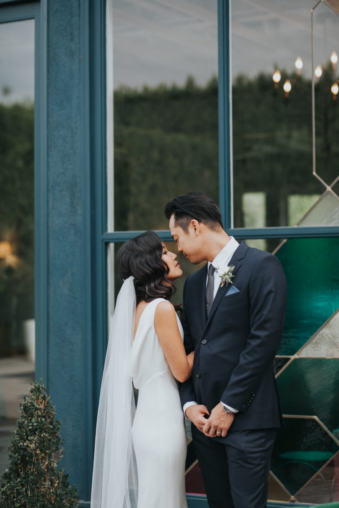 A modern wedding at the Fig House, bride and groom portrait shot