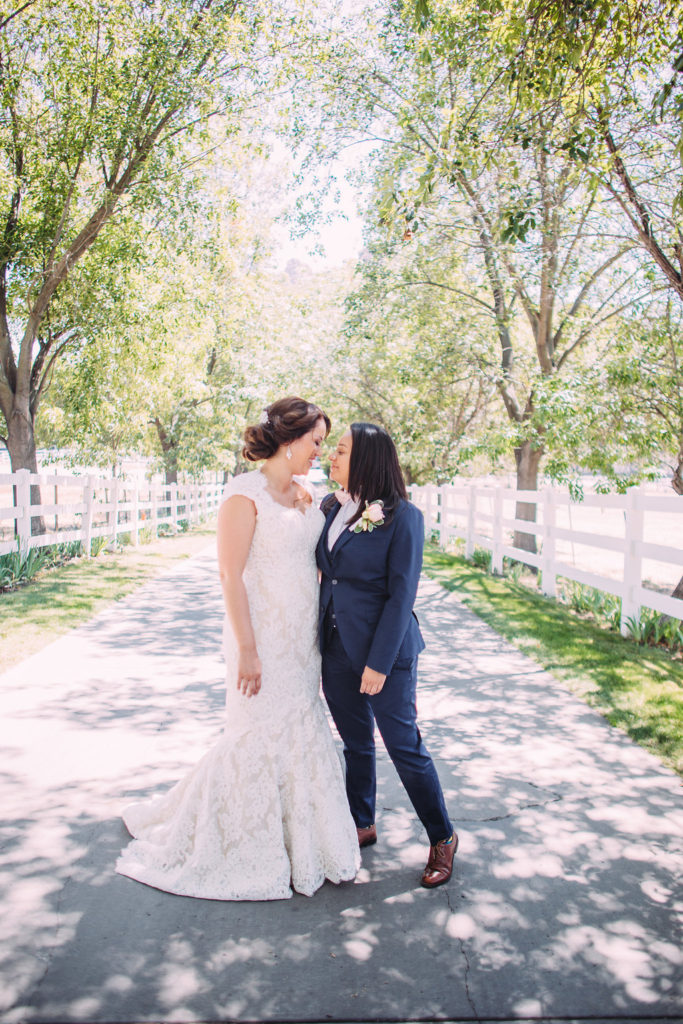 Saddlerock Ranch wedding first look with bride and bride portraits