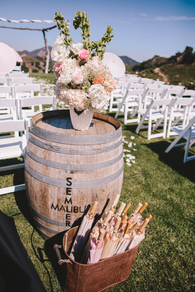 Saddlerock Ranch wedding ceremony with parasols for guests