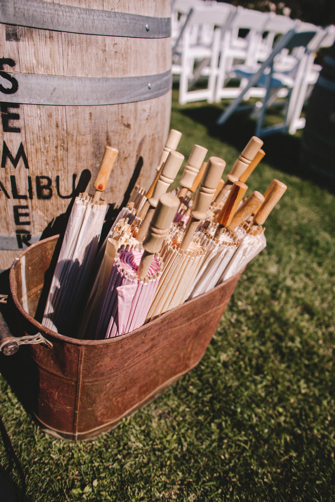 Saddlerock Ranch wedding, parasols for guests