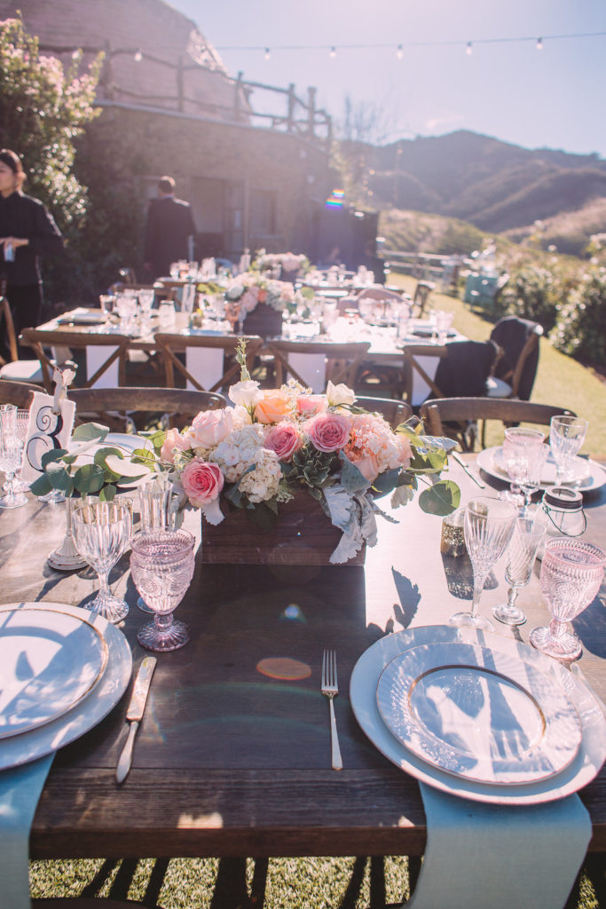 Saddlerock Ranch wedding reception, mixed flower centerpieces