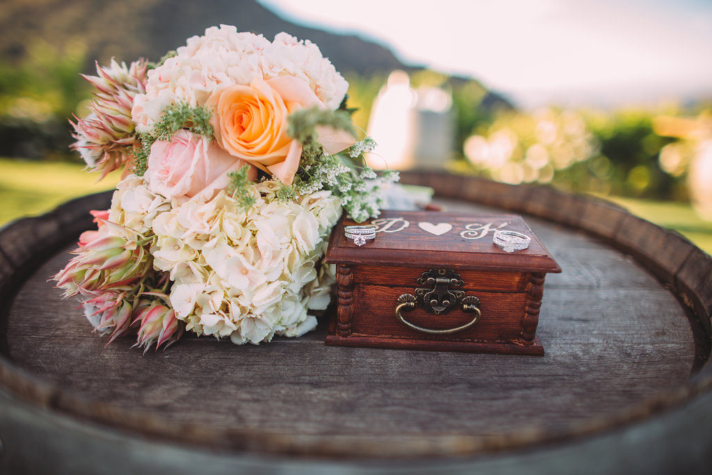Saddlerock Ranch wedding ring box and bridal bouquet