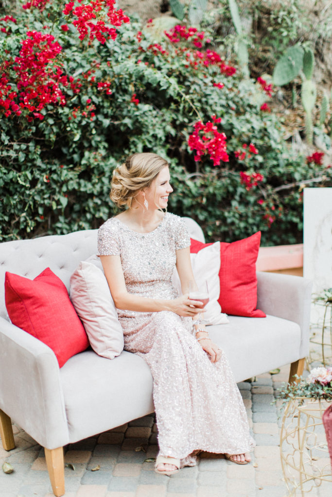 BHLDN Bridesmaids blush dresses Rancho Las Lomas Wedding Lounge pieces from Party Pieces by Perry