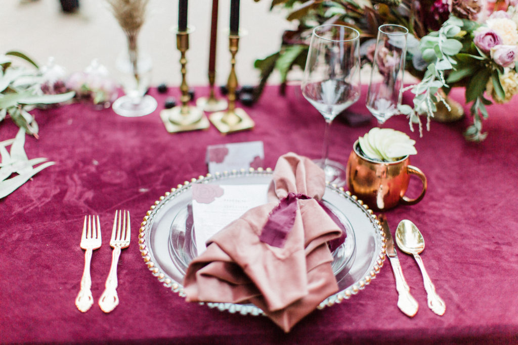 Wedding Dinner place setting with velvet linens from La Tavola at Rancho Las Lomas