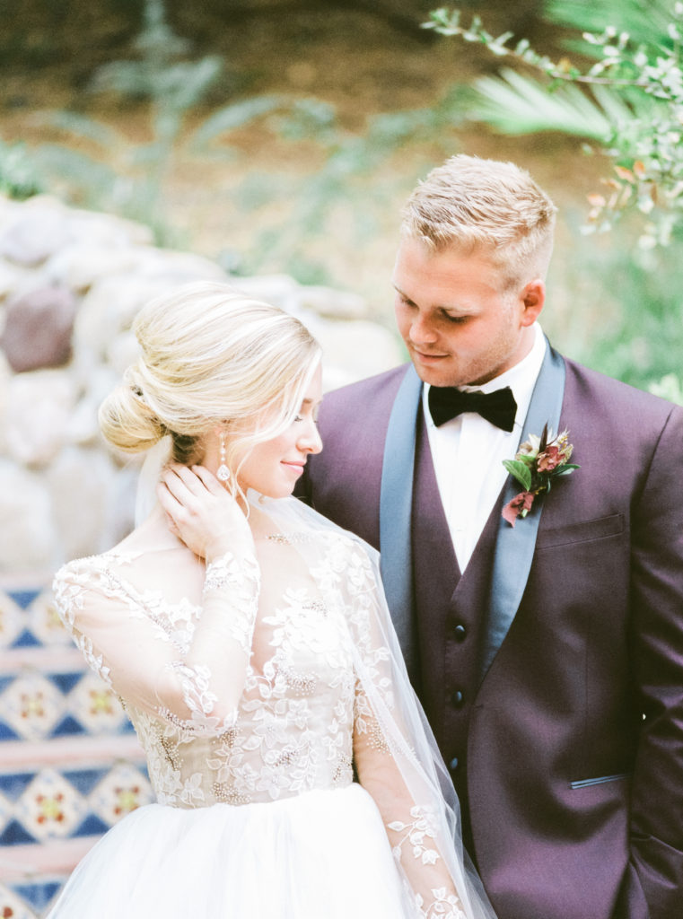 Miss Hayley Paige wedding gown and Friar Tux Burgundy Suit Fall Wedding at Rancho Las Lomas bridal portraits