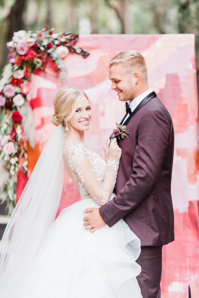 Miss Hayley Paige wedding gown and Friar Tux Burgundy Suit Fall Wedding at Rancho Las Lomas bridal portraits