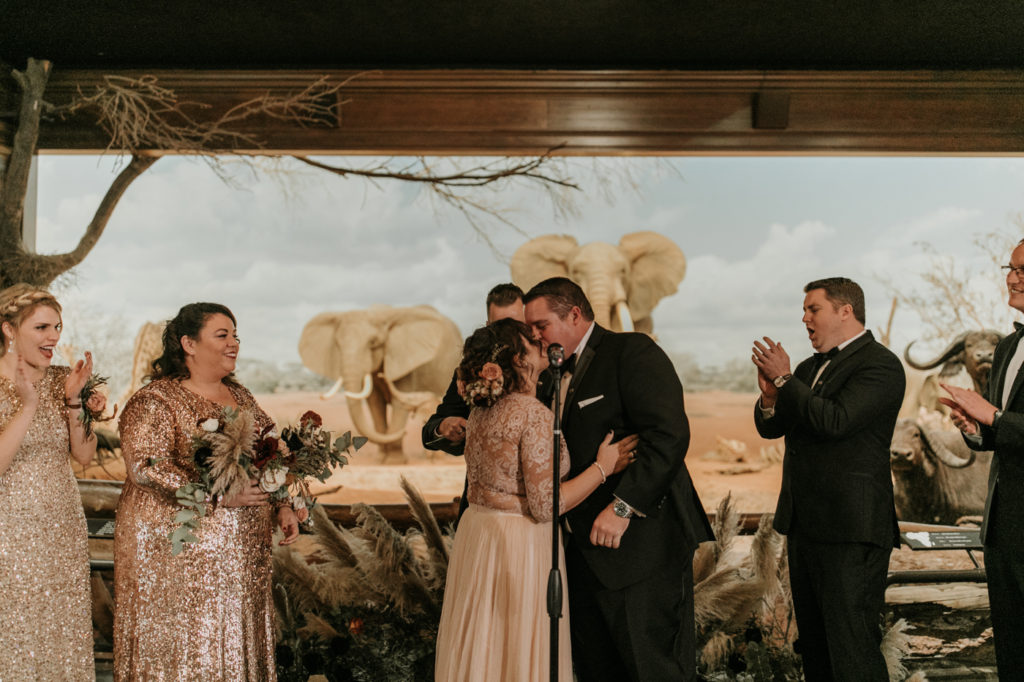 Natural History Museum Wedding Ceremony with elephant background