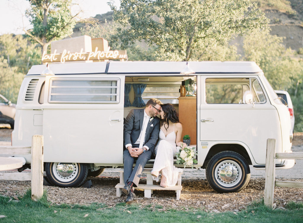 VW Van Photobooth bus and bride and groom