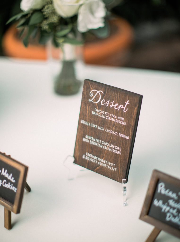 wood wedding signage, dessert bar signage, white menu calligraphy