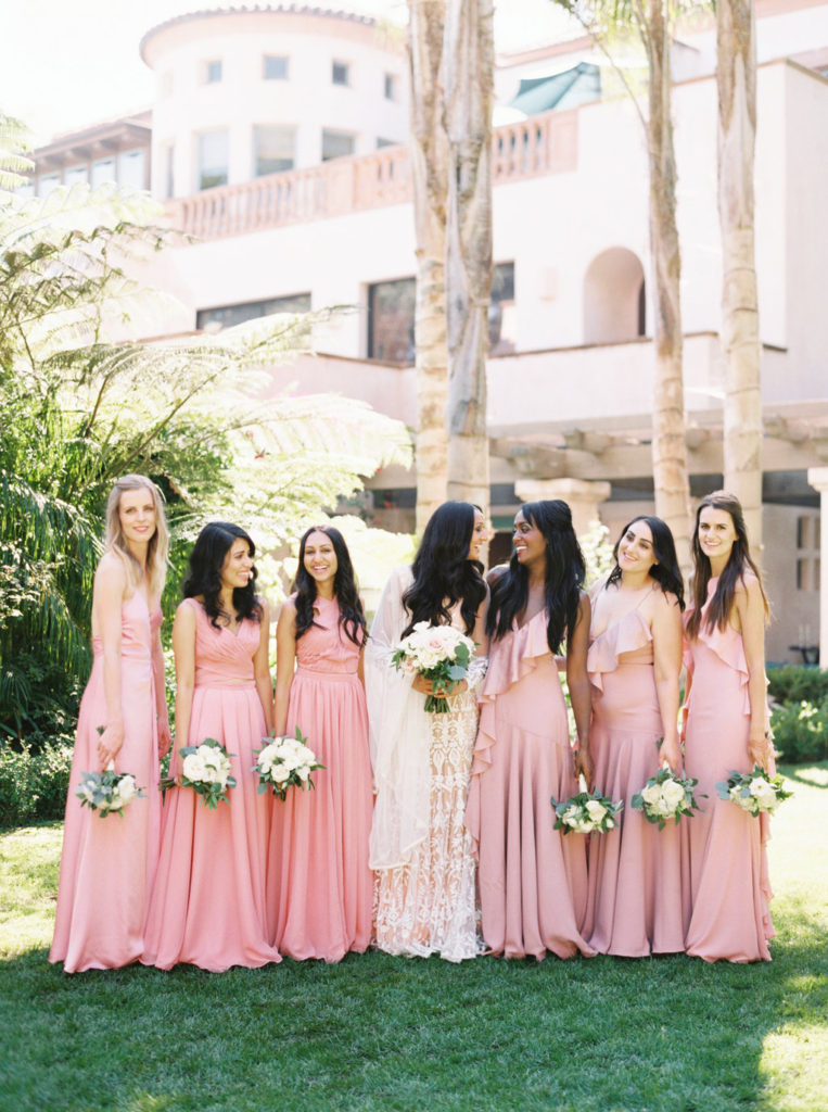 Butterfly Lane Estate wedding, pink mix match bridesmaid dresses, Indian wedding, white wedding sari, wedding saree