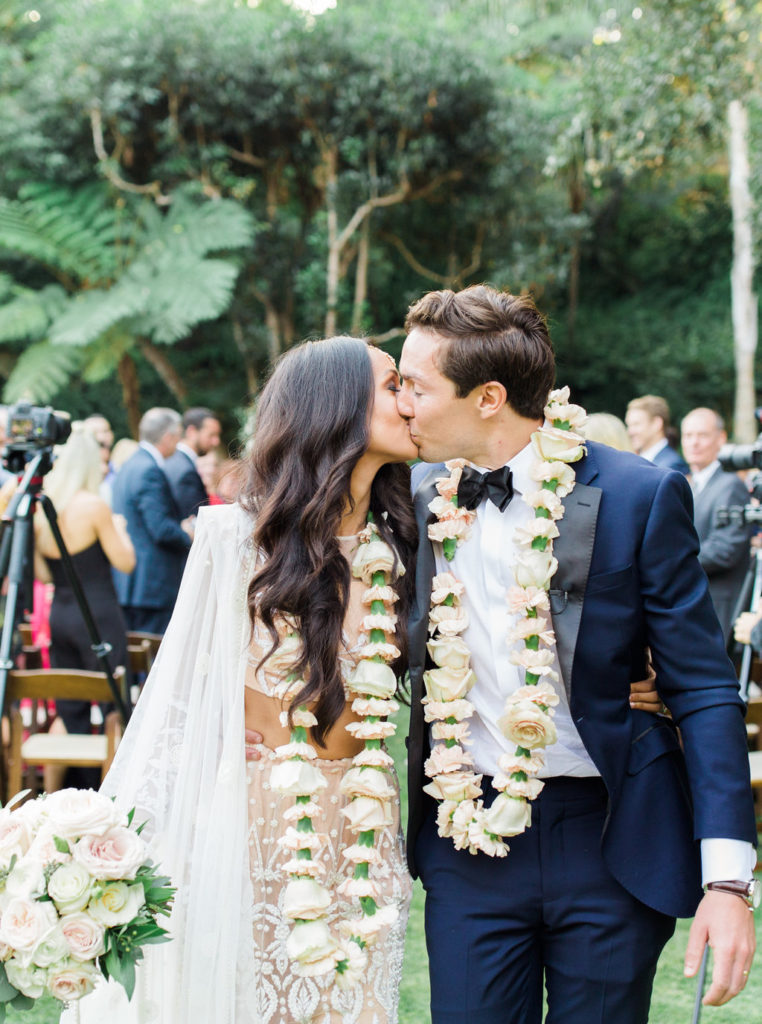 Butterfly Lane Estate wedding, private estate wedding in Montecito, Indian and Christian wedding ceremony, first kiss as husband and wife