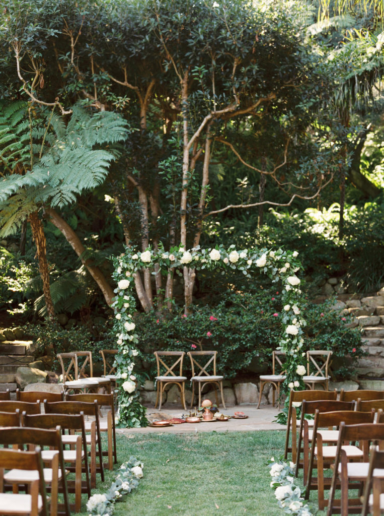 Butterfly Lane Estate wedding, private estate wedding in Montecito, wedding ceremony, white flower arch