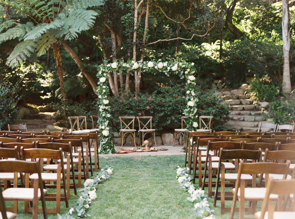 Butterfly Lane Estate wedding, private estate wedding in Montecito, wedding ceremony, white flower arch