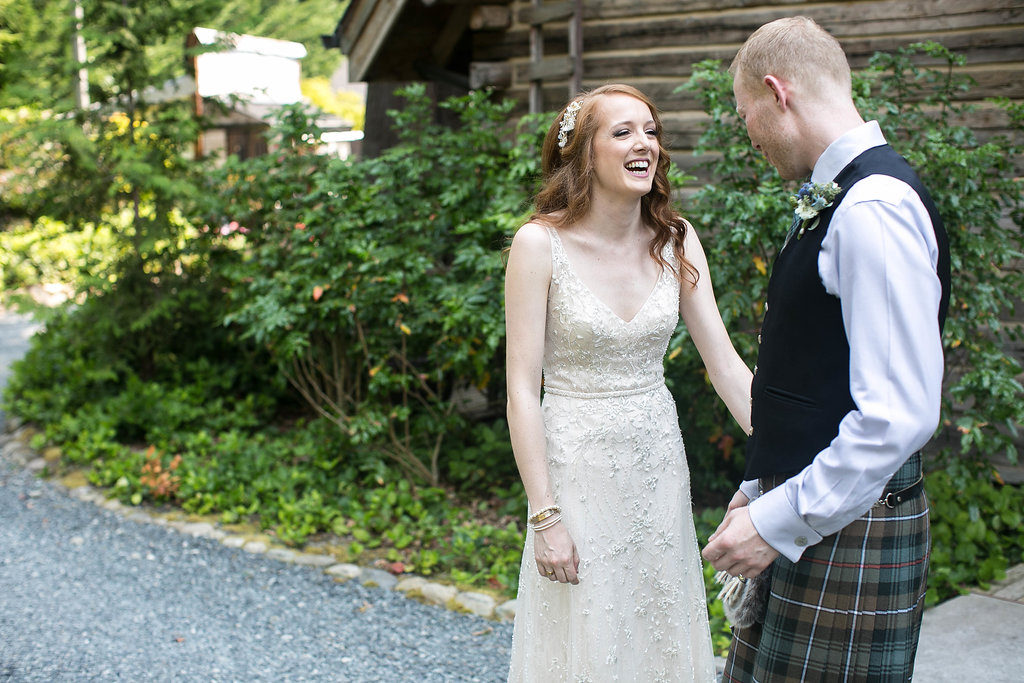 Green Gates at Flowing Lake wedding, first look, celtic inspired wedding, white beaded wedding dress