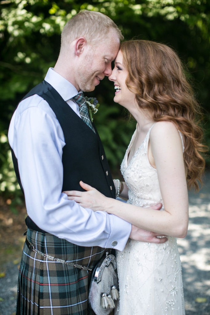 Green Gates at Flowing Lake wedding, celtic inspired wedding, tartan tie, white beaded wedding dress