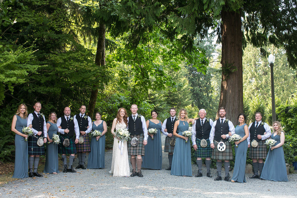 Green Gates at Flowing Lake wedding party photo, celtic inspired wedding, traditional scottish tartan groomsemen kilt