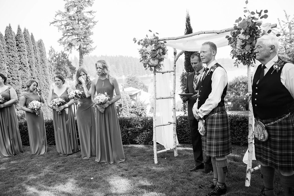 Green Gates at Flowing Lake wedding ceremony, celtic inspired wedding, traditional scottish tartan groomsemen kilt