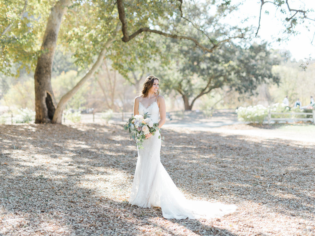Triunfo Creek Vineyard wedding, bridal portrait, white wedding dress, white floral bouquet