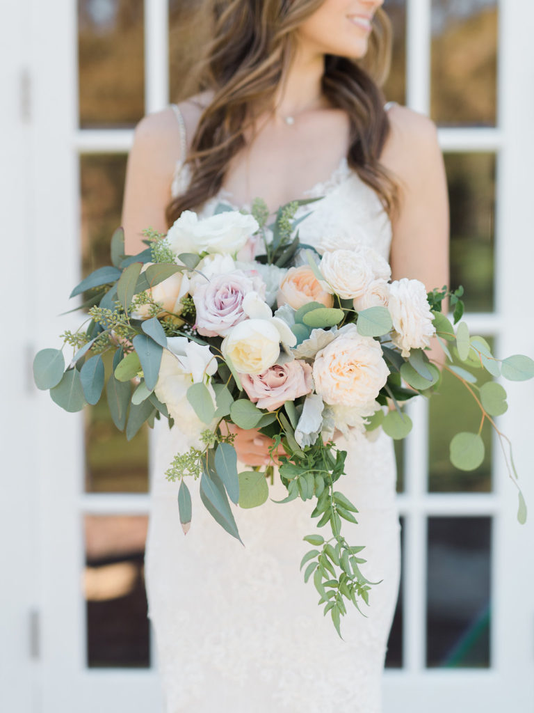Triunfo Creek Vineyard wedding, bridal portrait, white wedding dress, white floral bouquet
