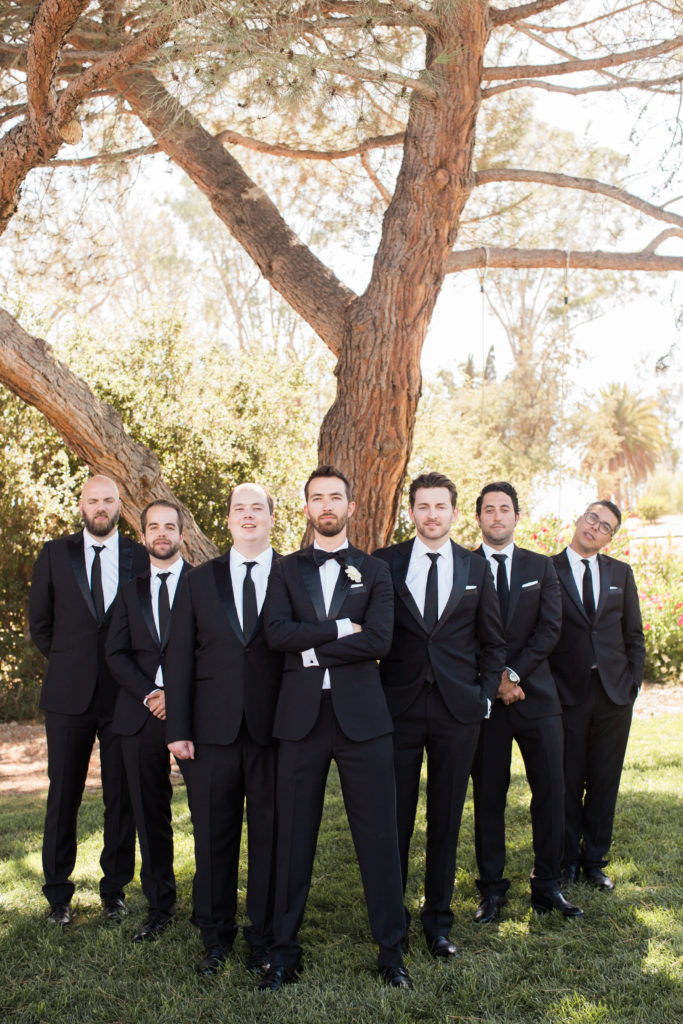 wedding at Sogno del Fiore winery in Santa Ynez, groom and groomsmen with black tuxedos
