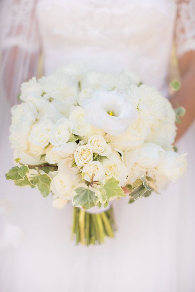 wedding at Sogno del Fiore winery in Santa Ynez, bride portrait shots with all white flower bouquet